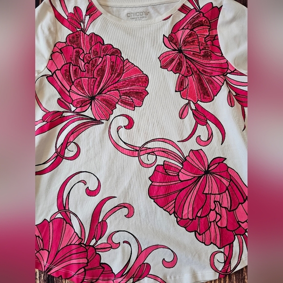 Chico's Size Large Cotton Kasbah Pink Floral Embellished Perfect Tee 3/4 Sleeve - Picture 3 of 9